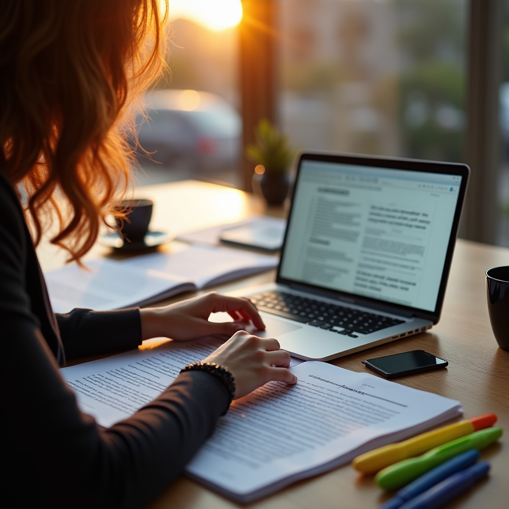 Close-up of a translator working with printed Romanian policy documents and an English draft on a laptop