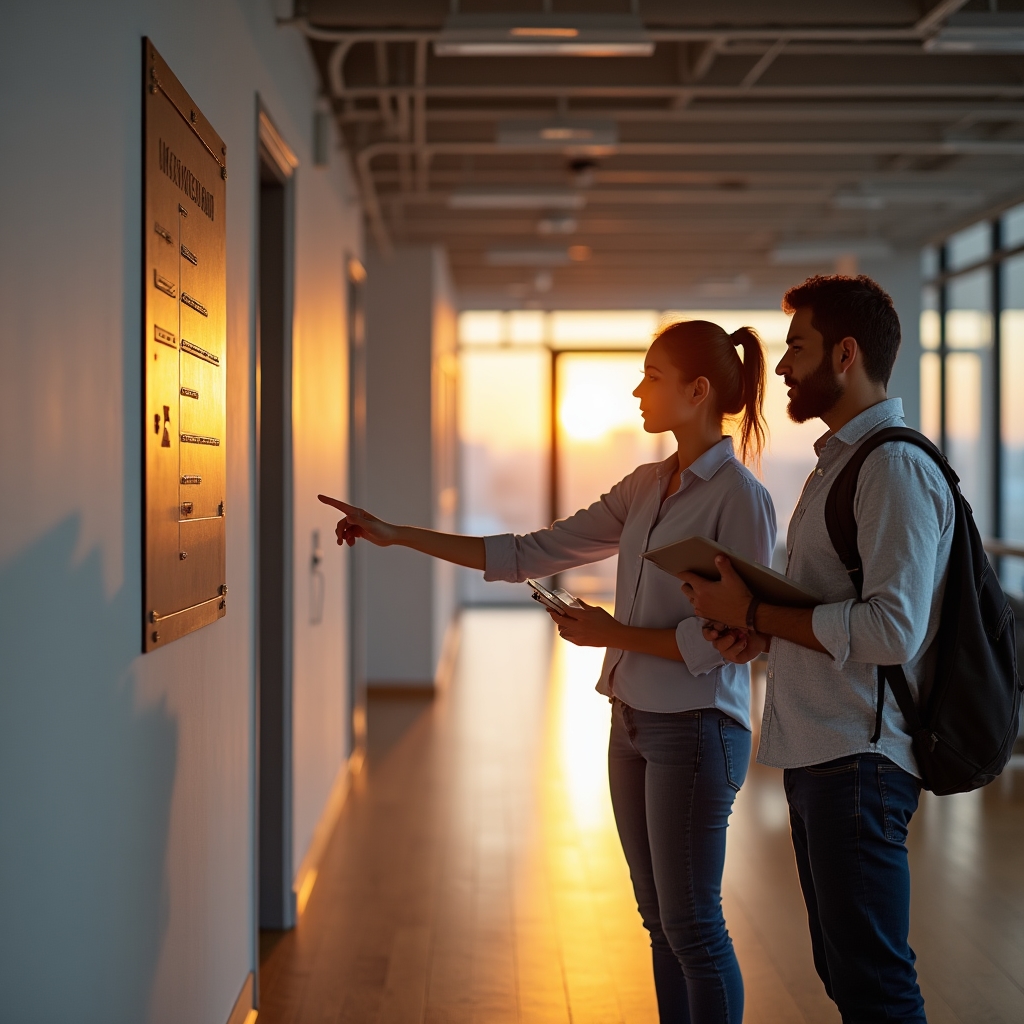 Modern open-plan office with bilingual signage being reviewed by two colleagues