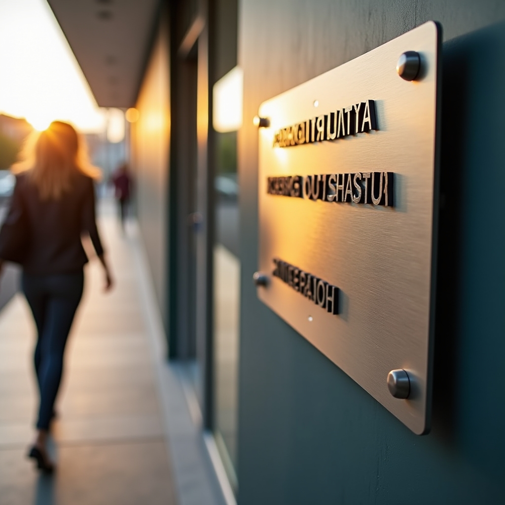 Close-up of bilingual office signage in Romanian and English mounted near an office entrance