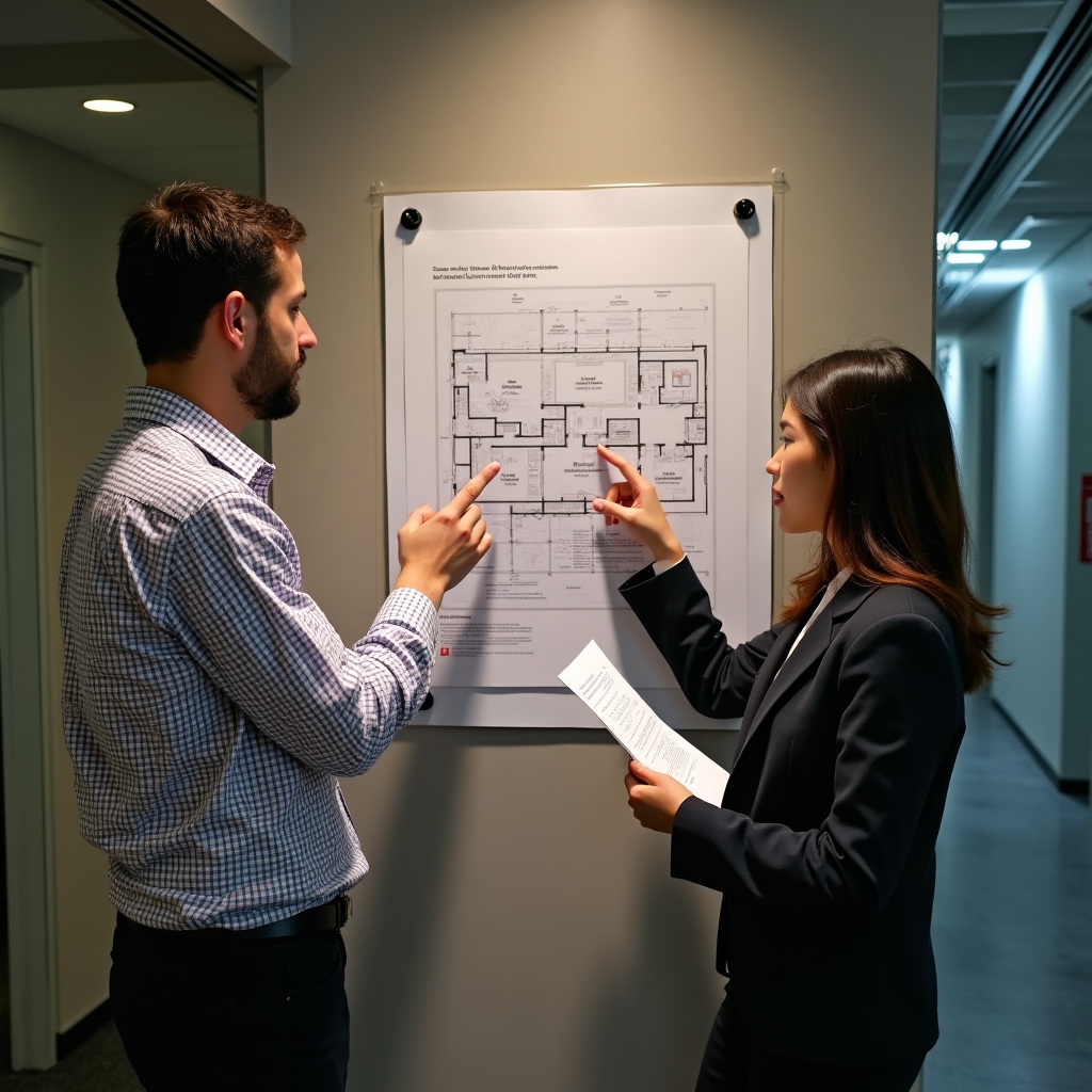 Two colleagues reviewing a translated workplace safety document with a printed floor plan